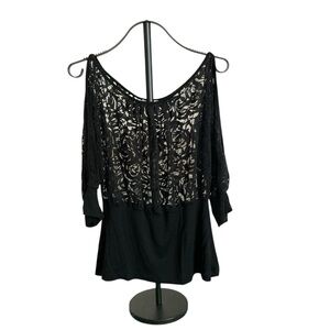 Cache Black Lace Cold Shoulder Top Rose Print Sheer Long Sleeve Size L